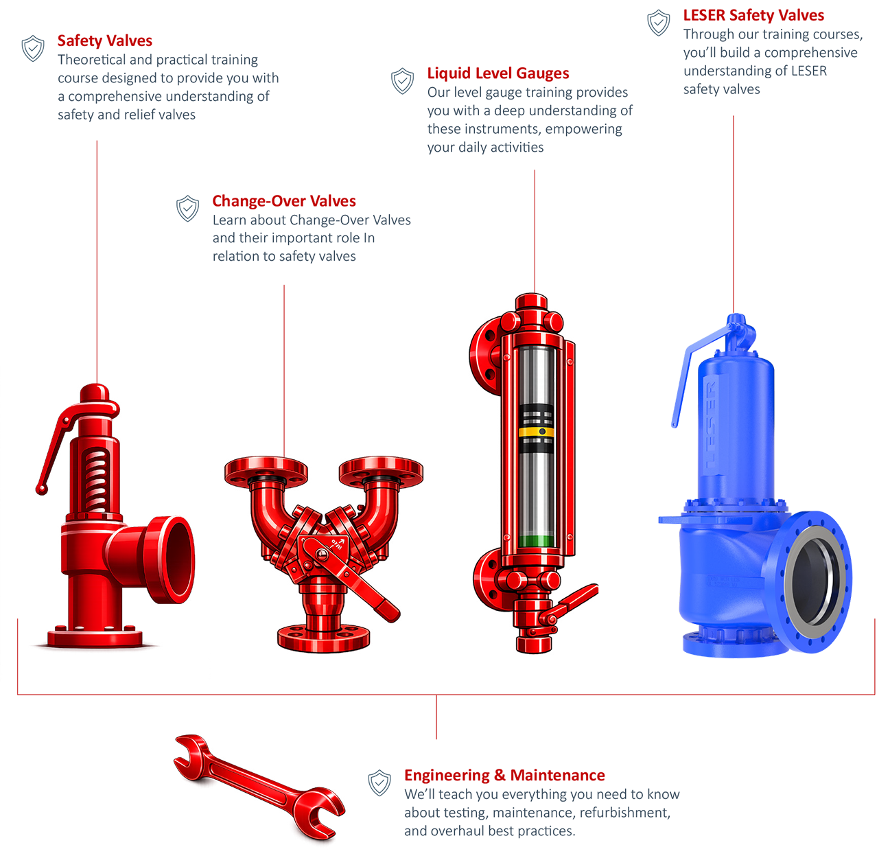 infographic explaining the types of seetru training solutions. safety valve training, change-over valves training, level gauge training, Leser valve training.